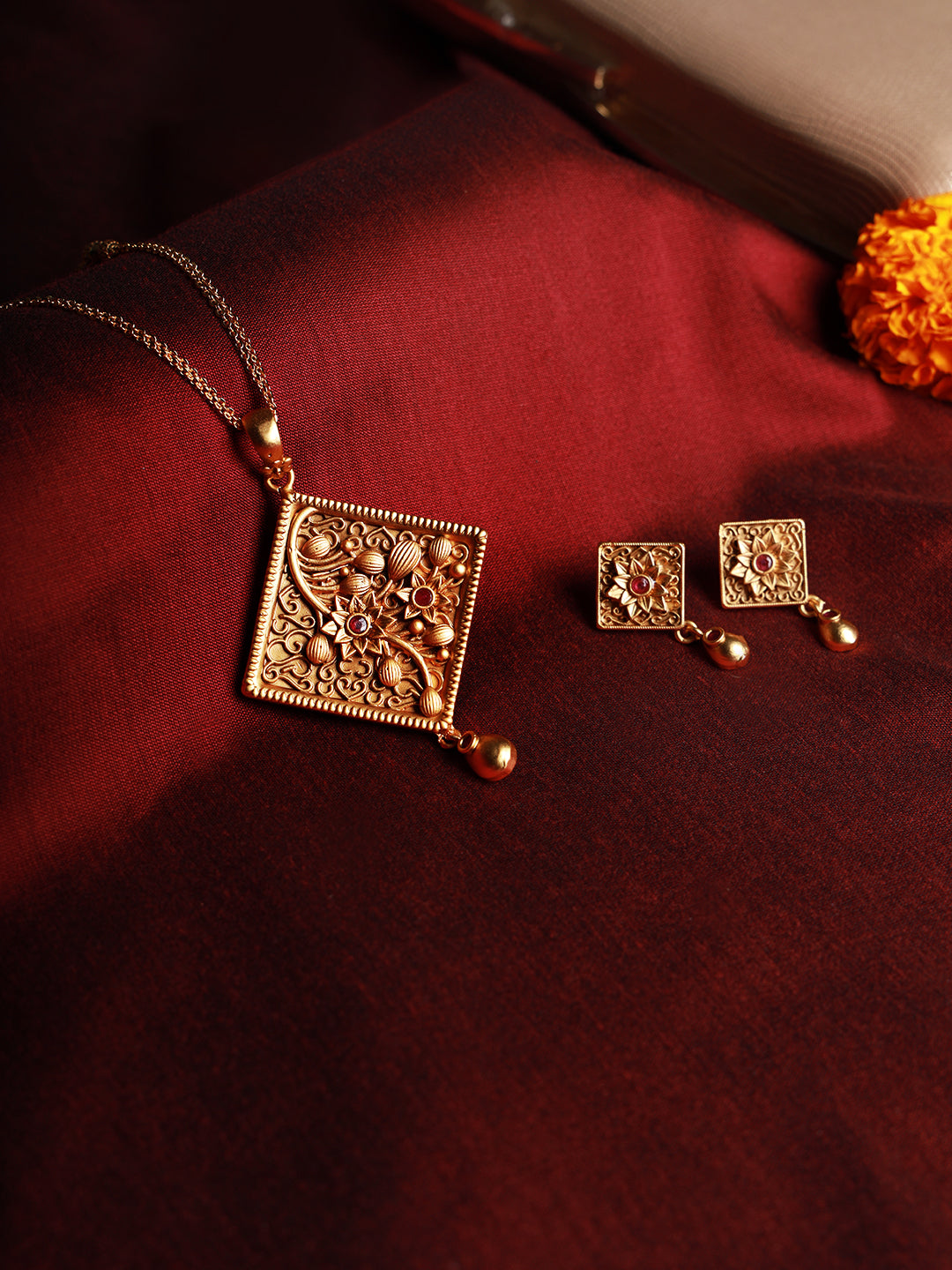 Gold-Plated Maroon Studded Handcrafted Jewellery Set - Jazzandsizzle