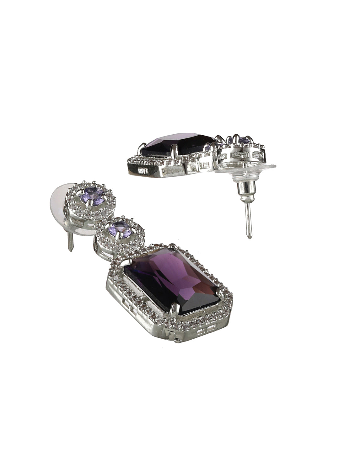 Silver Plated Purple American Diamond Studded Drop Earrings