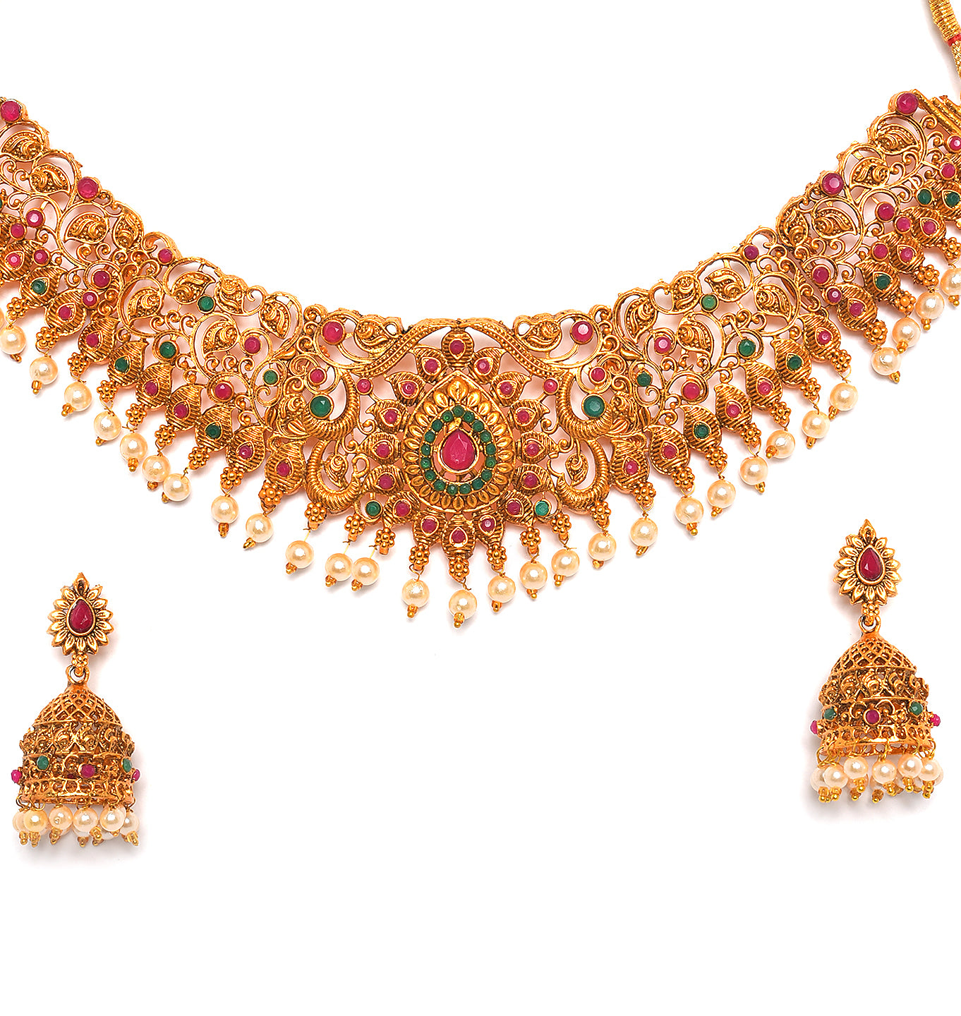 Gold-Toned Pink & Green Stone-Studded, Beaded Handcrafted Jewellery Set - Jazzandsizzle