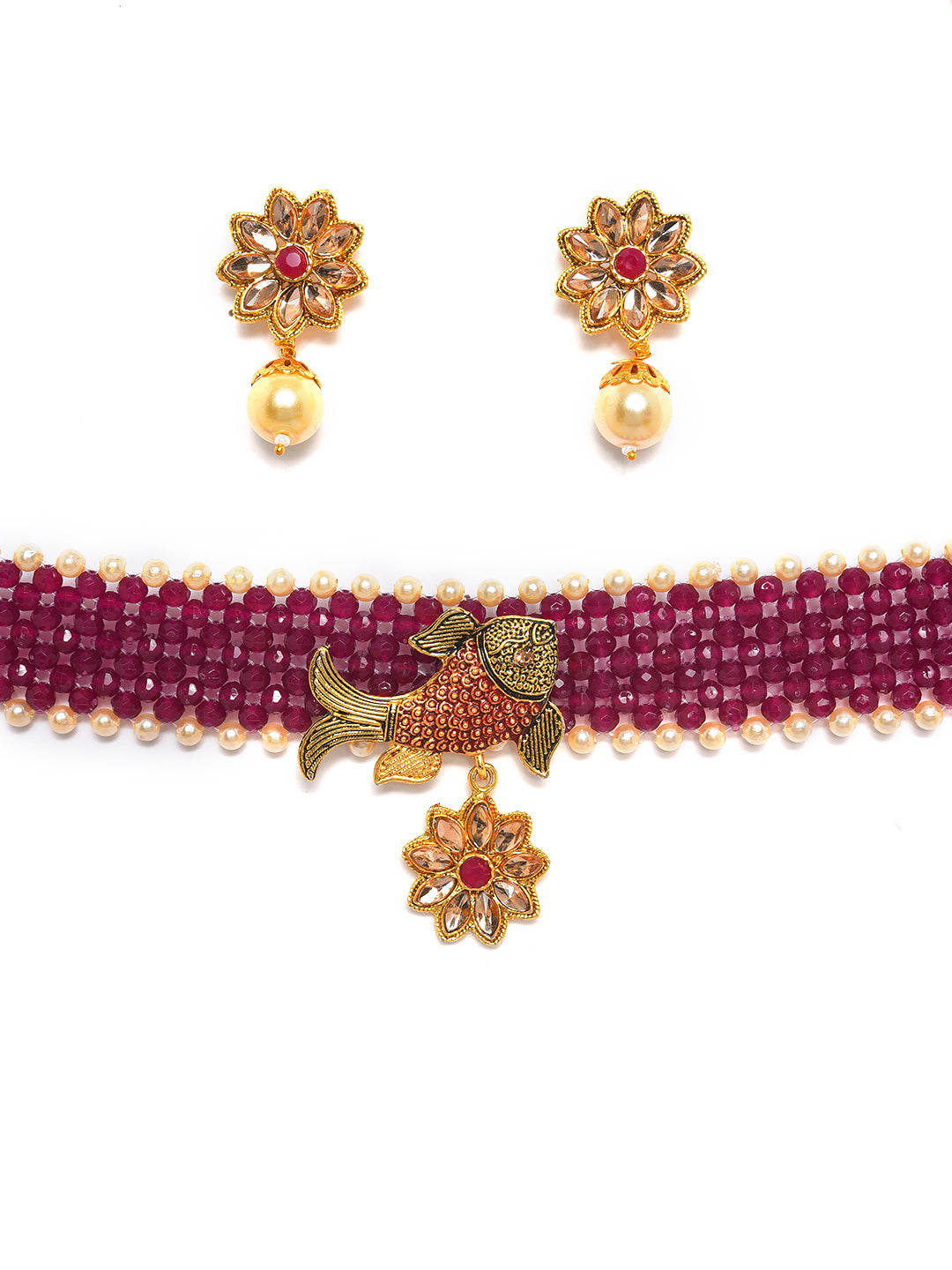 Gold-Toned & Mahroon Fish Studded & Beaded Jewellery Set - Jazzandsizzle