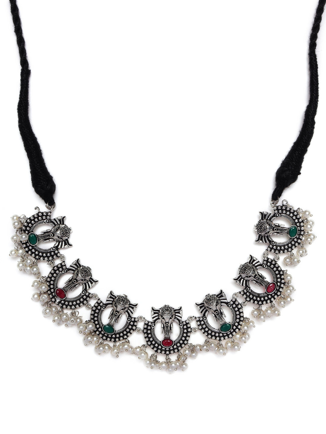 Oxidised Silver-Plated & Green Stone-Studded & Beaded Traditional Jewellery Set - Jazzandsizzle