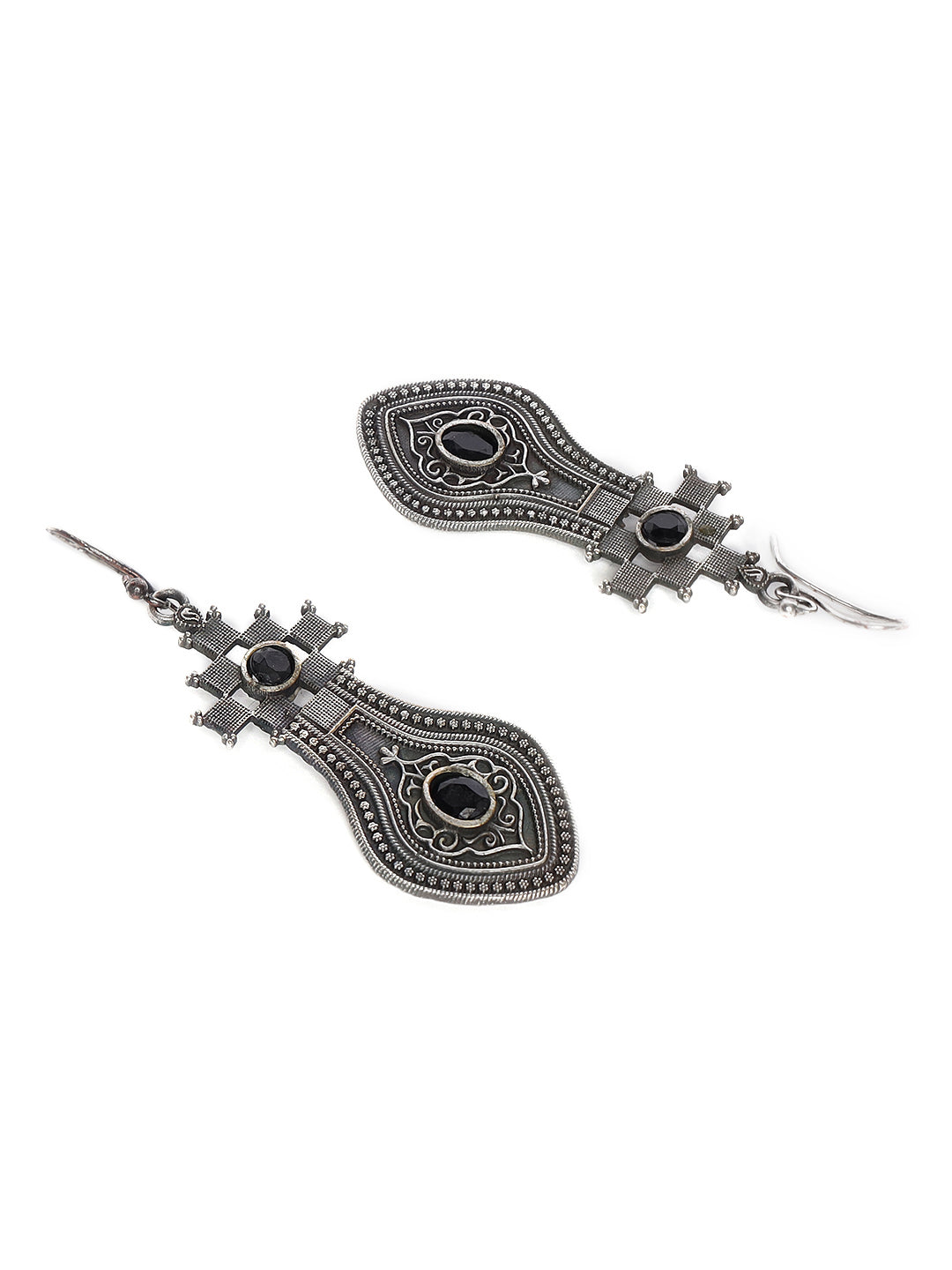Black Stone Studded & Silver-Toned Contemporary Drop Earrings