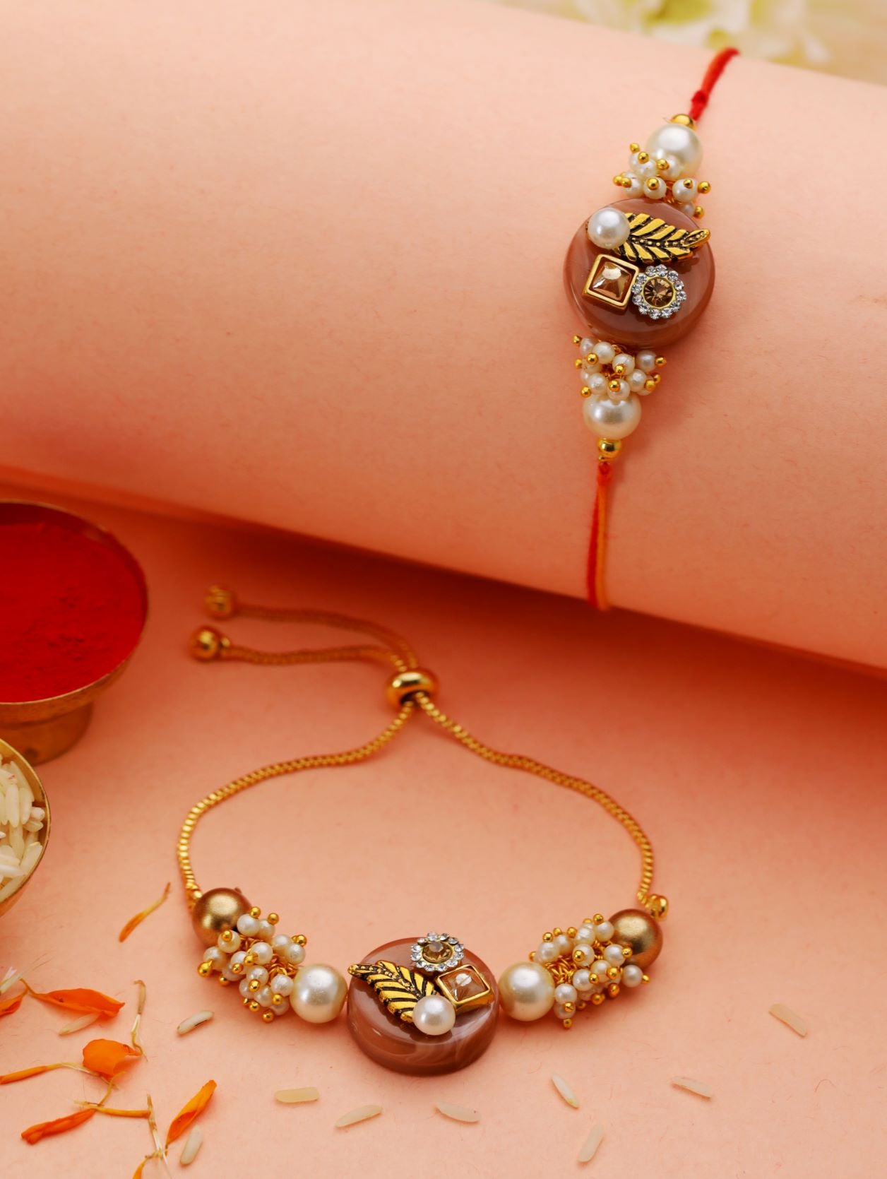 Set Of 2 Stone & Pearl Ethnic Rakhi