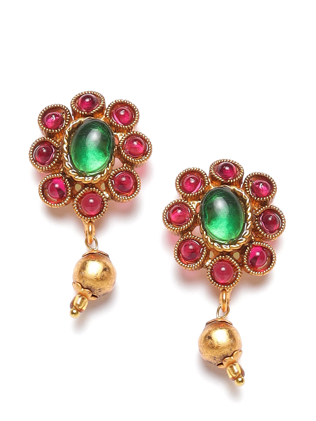 Gold-Plated Pink & Green Stone-Studded & Beaded Handcrafted Jewellery Set