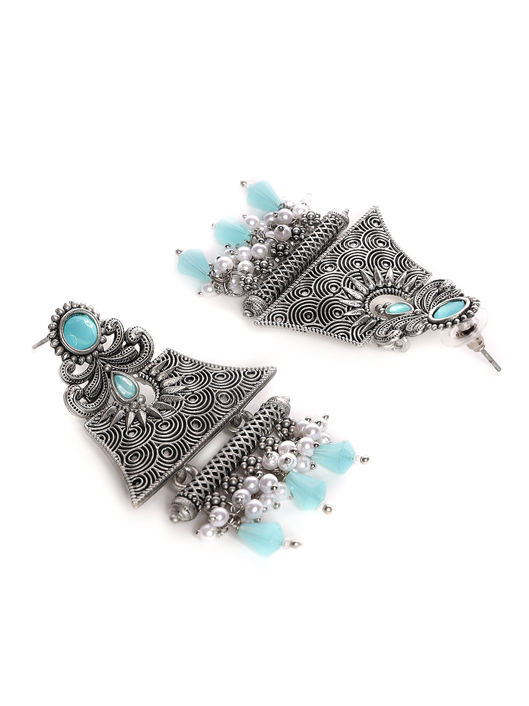 Silver-Toned & Turquoise Blue Dome Shaped Drop Earrings