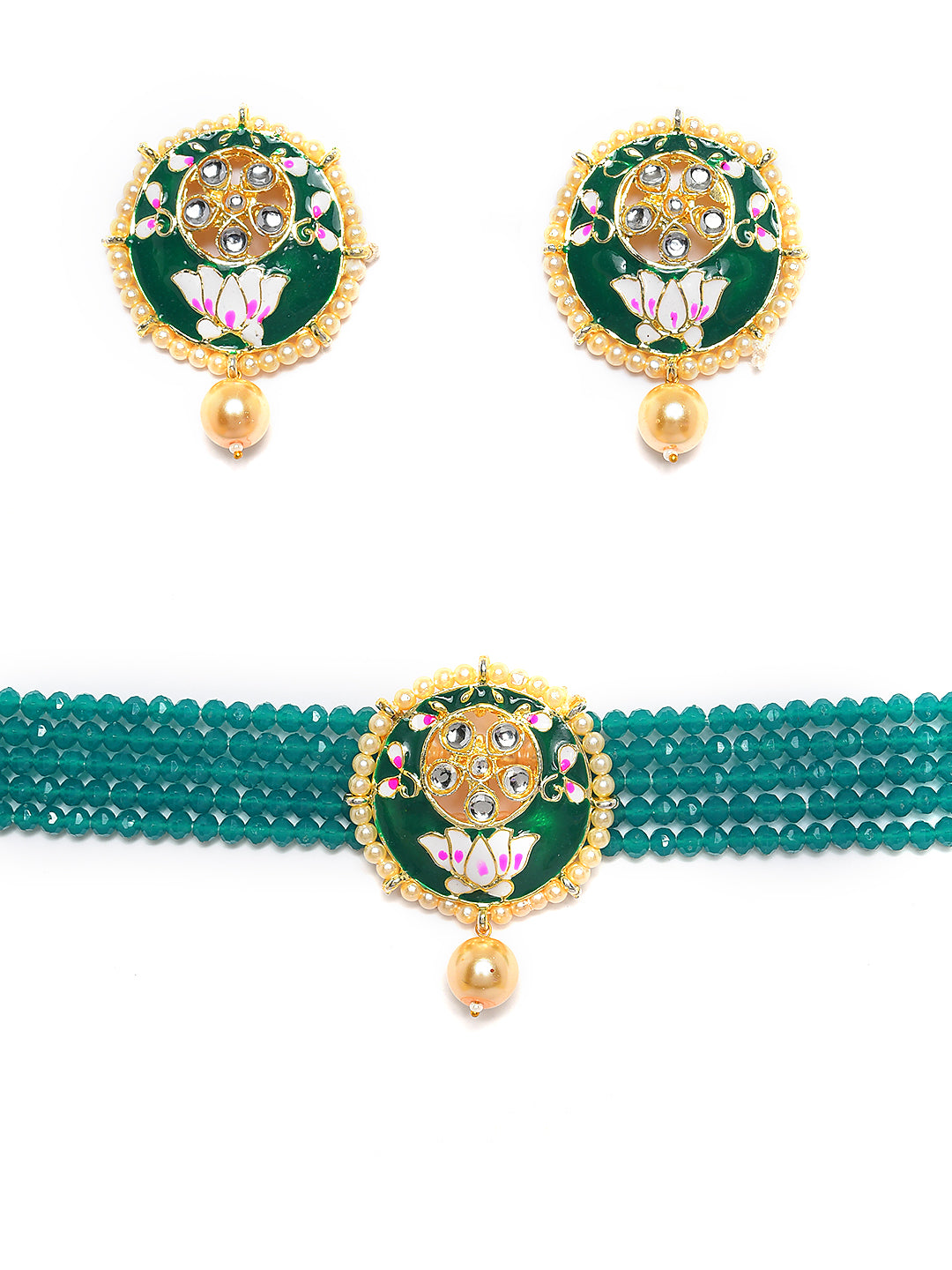 Gold-Plated White Kundan & Pearl Beaded Meenakari Jewellery Set - Jazzandsizzle