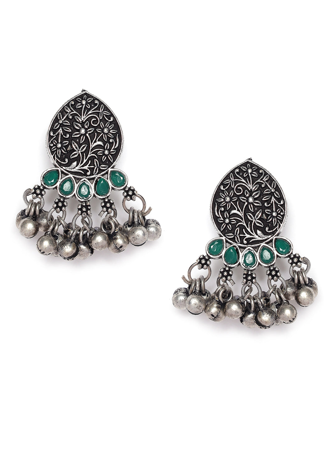 Oxidized Silver-Plated Green Stone-Studded & Beaded Handcrafted Peacock Shaped Jewelry Set - Jazzandsizzle
