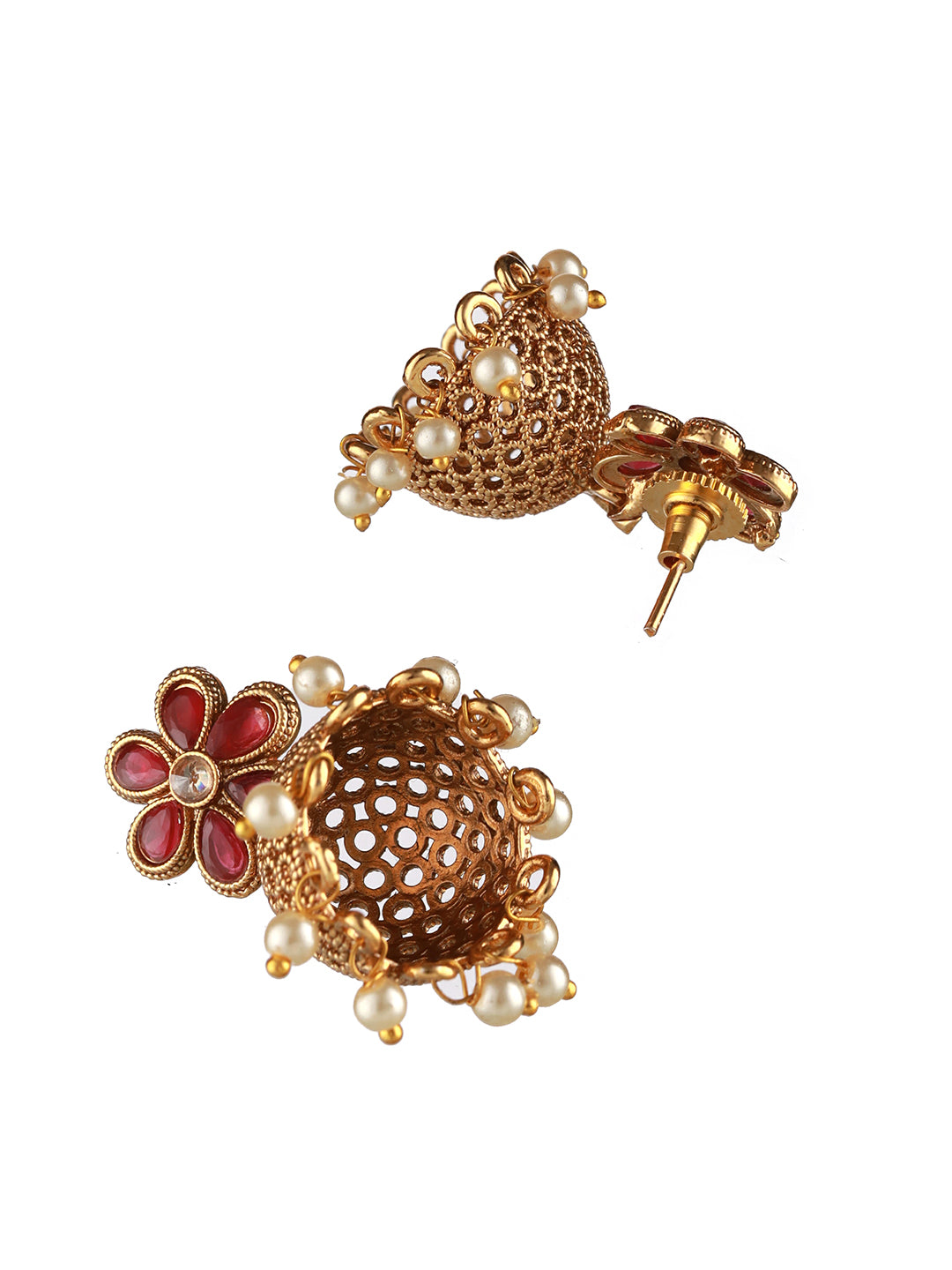 Gold Plated & Red Stone Studded, Pearl Beaded Dome Shaped Jhumka Earring - Jazzandsizzle