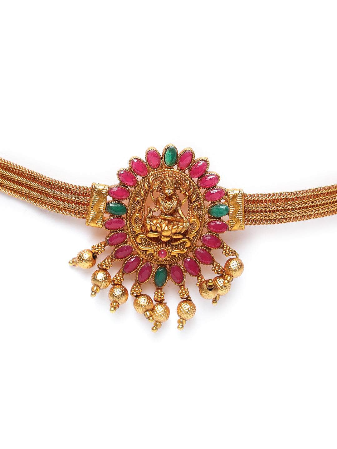 Gold-Plated Pink & Green Stone-Studded & Beaded Handcrafted Jewellery Set - Jazzandsizzle