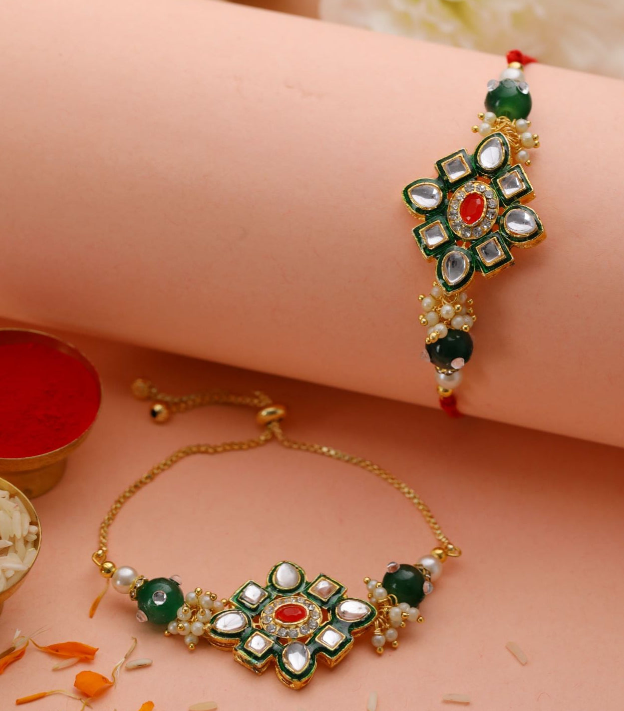 Kundan Studded Green Floral Bhaiya & Bhabhi Rakhi Set