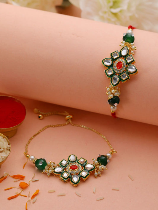 Set Of 2 Floral Green, Red & White Kundan Studded Rakhi