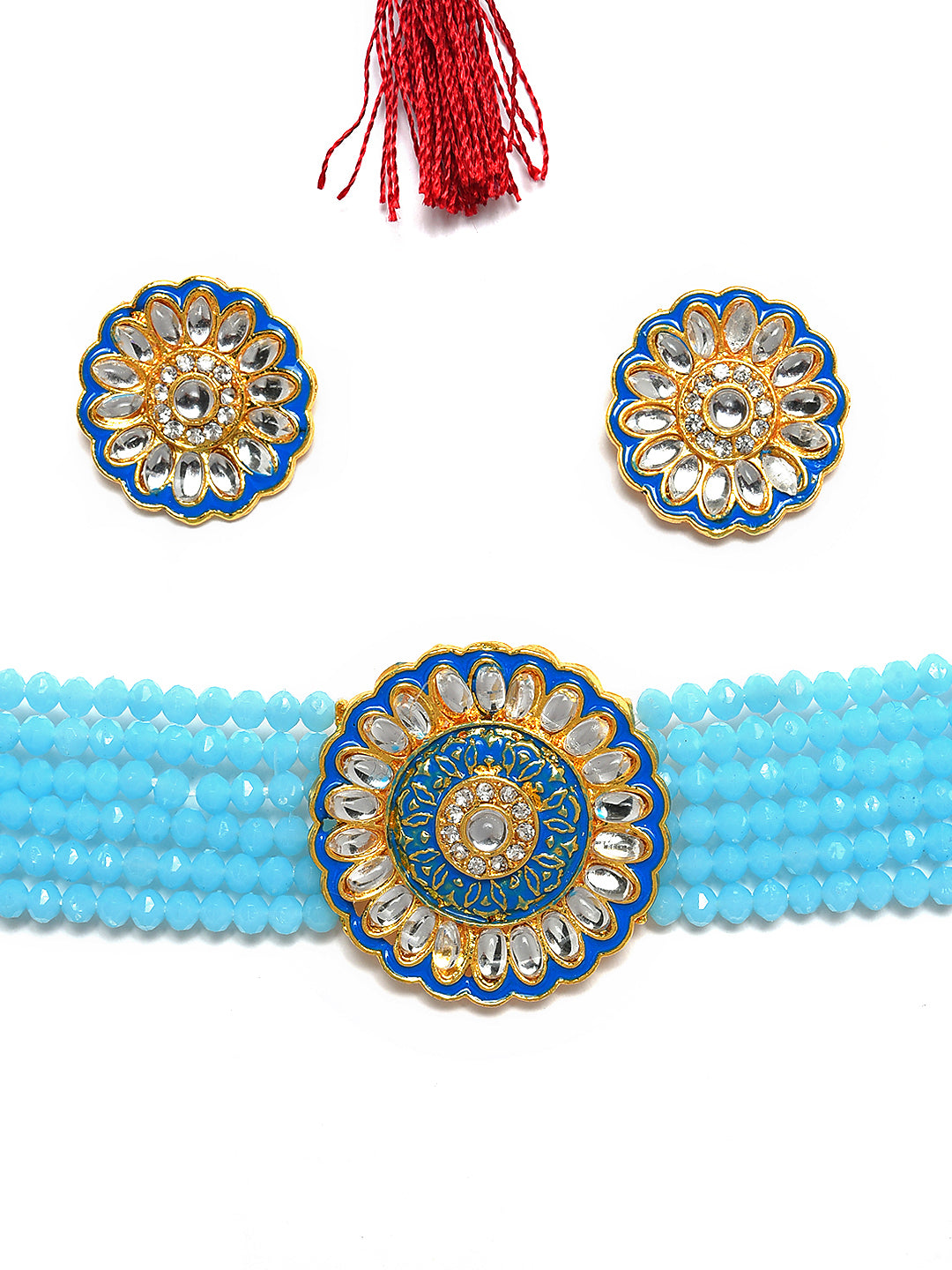 Gold-Plated White & Blue Kundan-Studded & Beaded Meenakari Jewellery Set - Jazzandsizzle