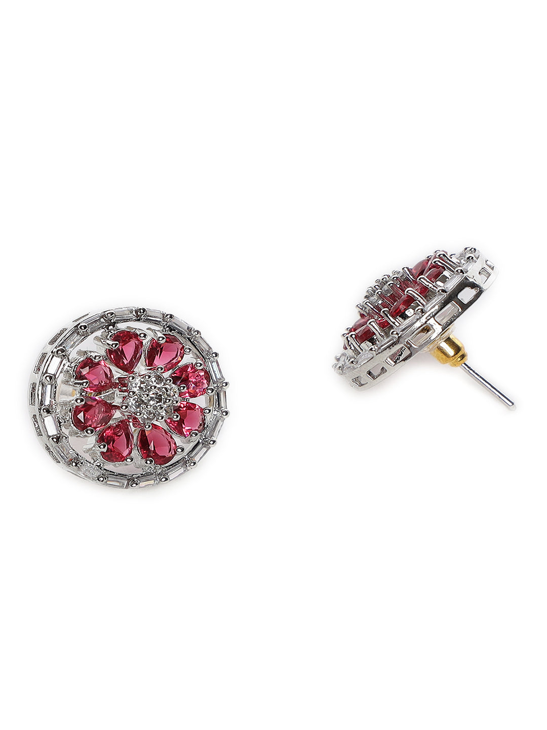 Silver Plated Red Floral Stud Earrings