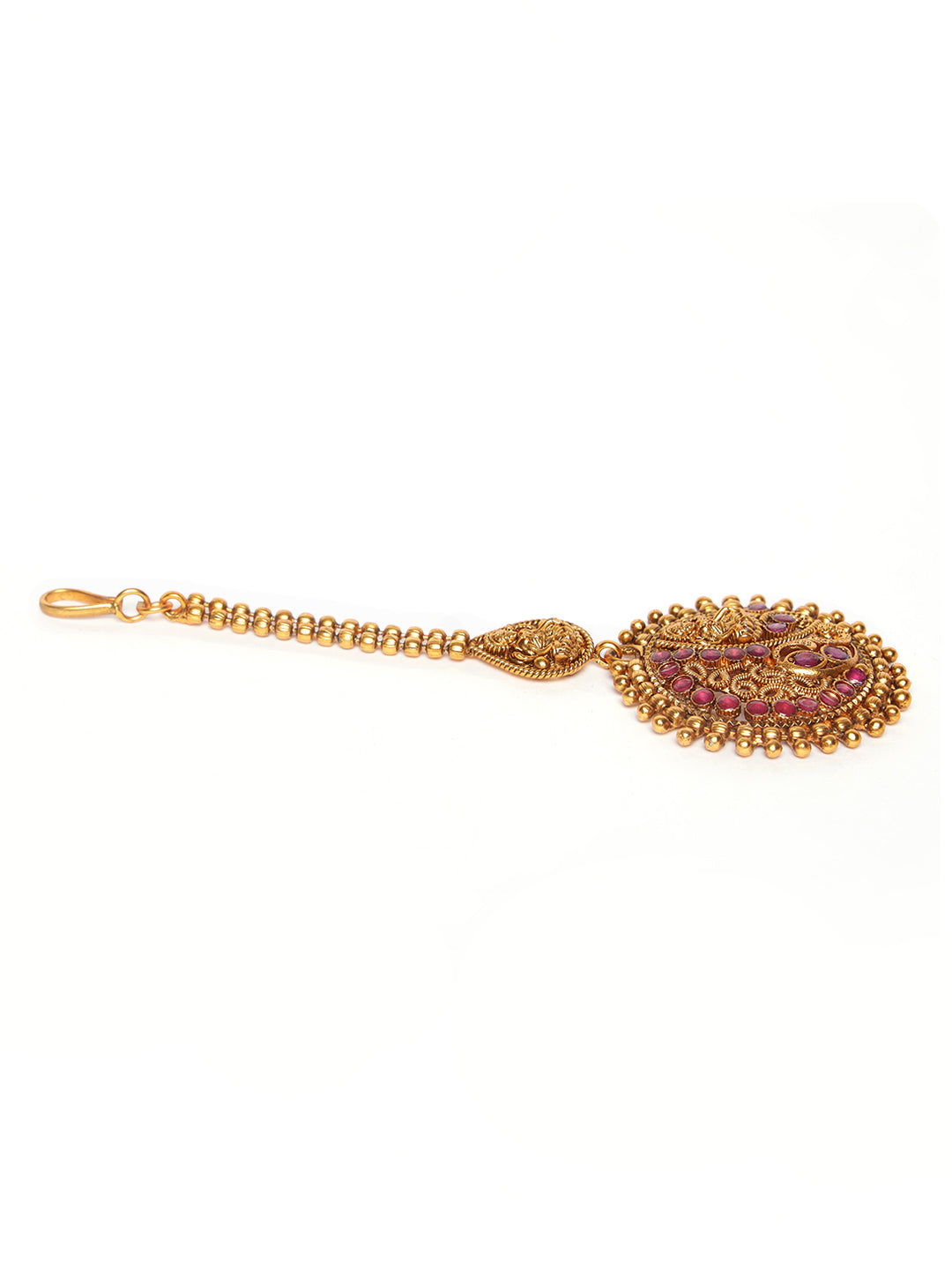 Gold-Plated Maroon Studded & Beaded Handcrafted Maangtikka - Jazzandsizzle