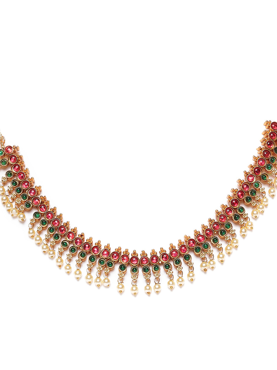 Pink & Green Gold-Plated Stone-Studded & Beaded Handcrafted Jewellery Set - Jazzandsizzle