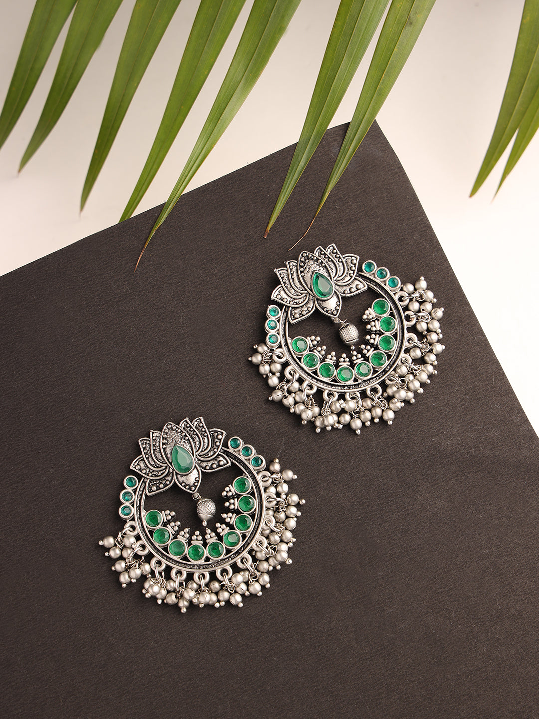 JAZZ AND SIZZLE Green & Silver-Toned Lotus Shaped Chandbalis Earrings - Jazzandsizzle