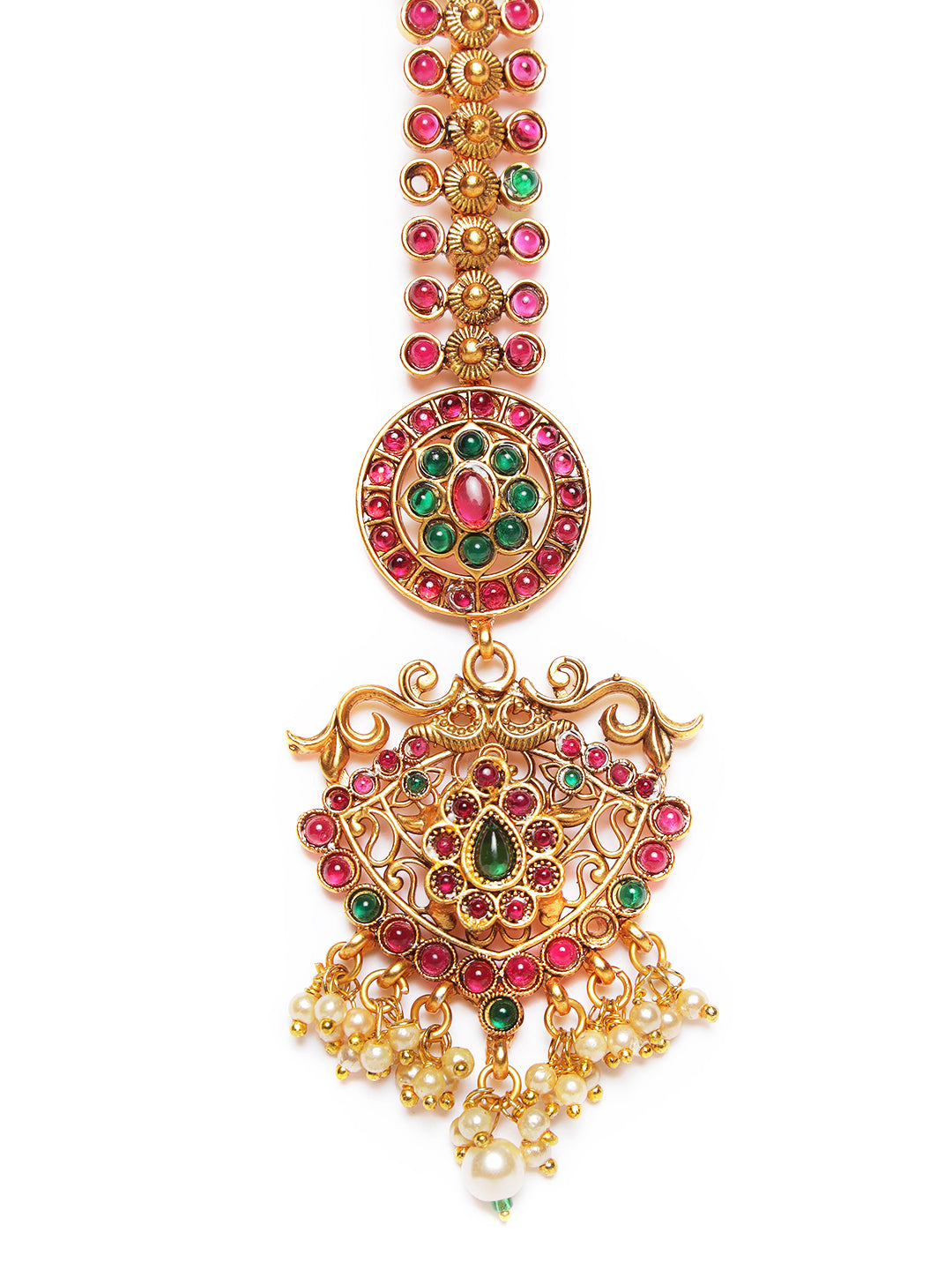 Gold-Plated & Ruby & Emerald Kemp Stones Pearls MaangTikka - Jazzandsizzle