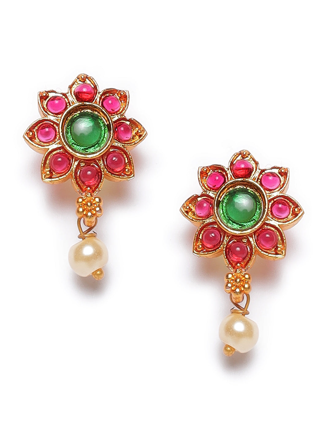 Pink & Green Gold-Plated Stone-Studded & Beaded Handcrafted Jewellery Set - Jazzandsizzle