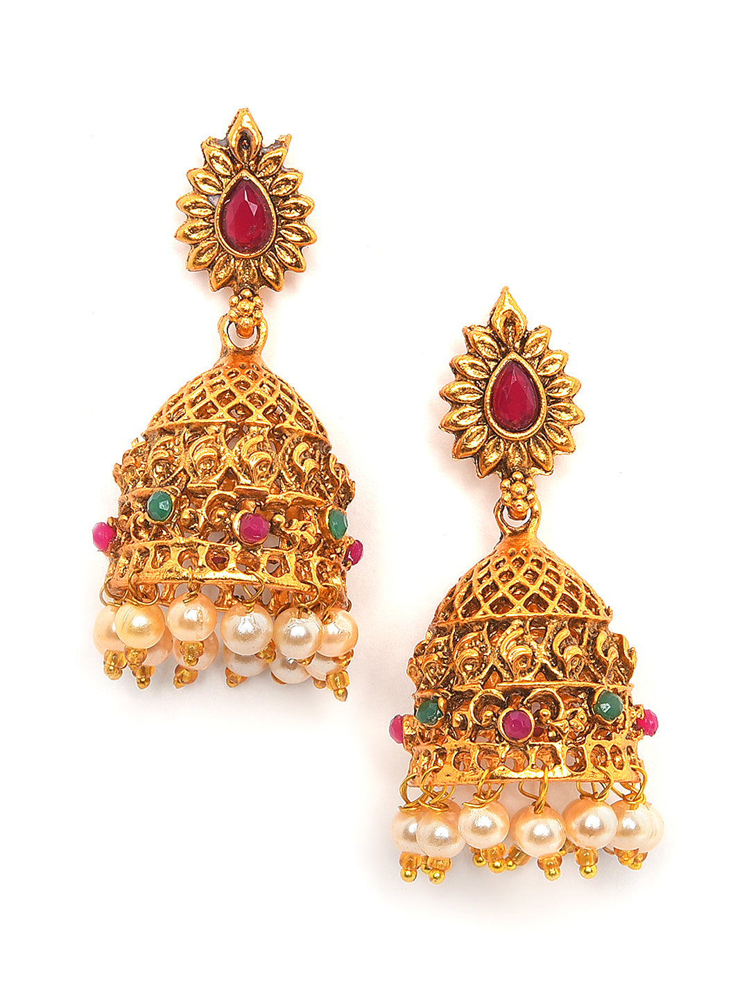 Gold-Toned Pink & Green Stone-Studded, Beaded Handcrafted Jewellery Set - Jazzandsizzle