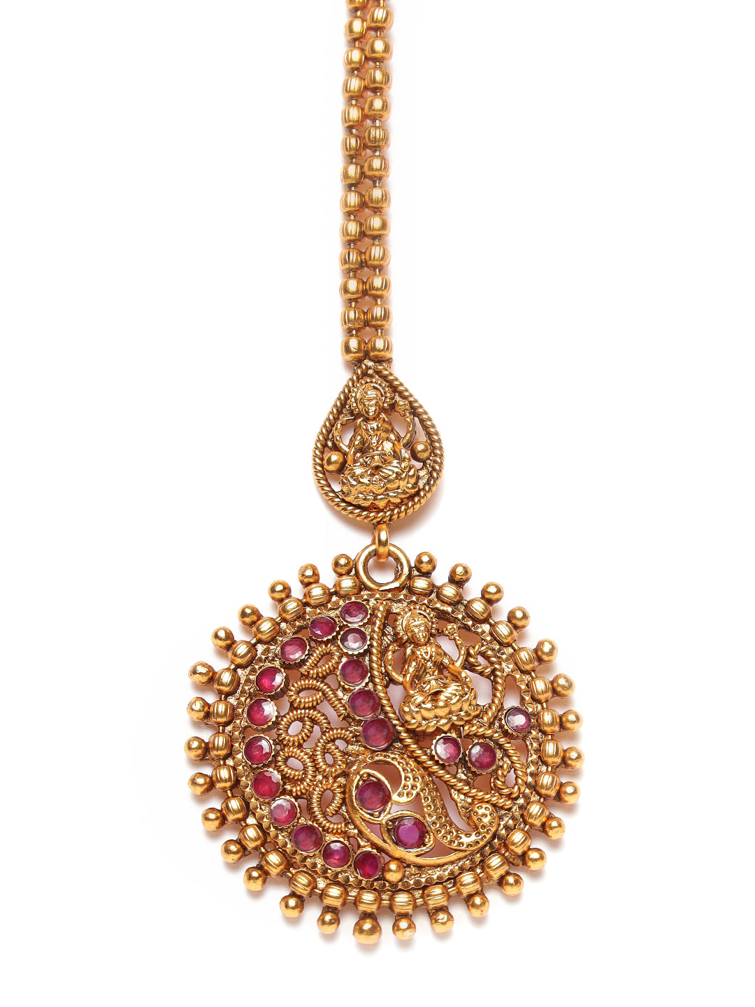 Gold-Plated Maroon Studded & Beaded Handcrafted Maangtikka - Jazzandsizzle