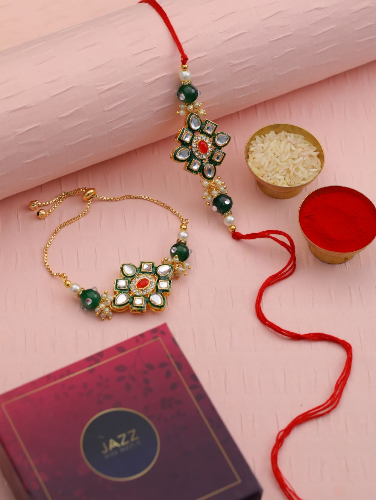 Set Of 2 Floral Green, Red & White Kundan Studded Rakhi