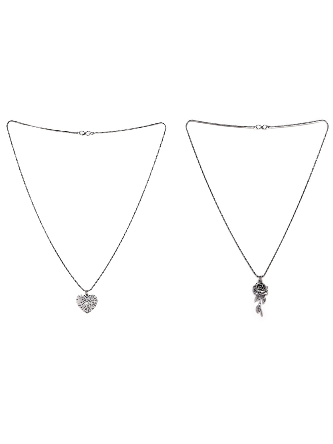 Set of 2 Heart & Rose shaped Oxidised Silver-Toned Textured Necklace - Jazzandsizzle