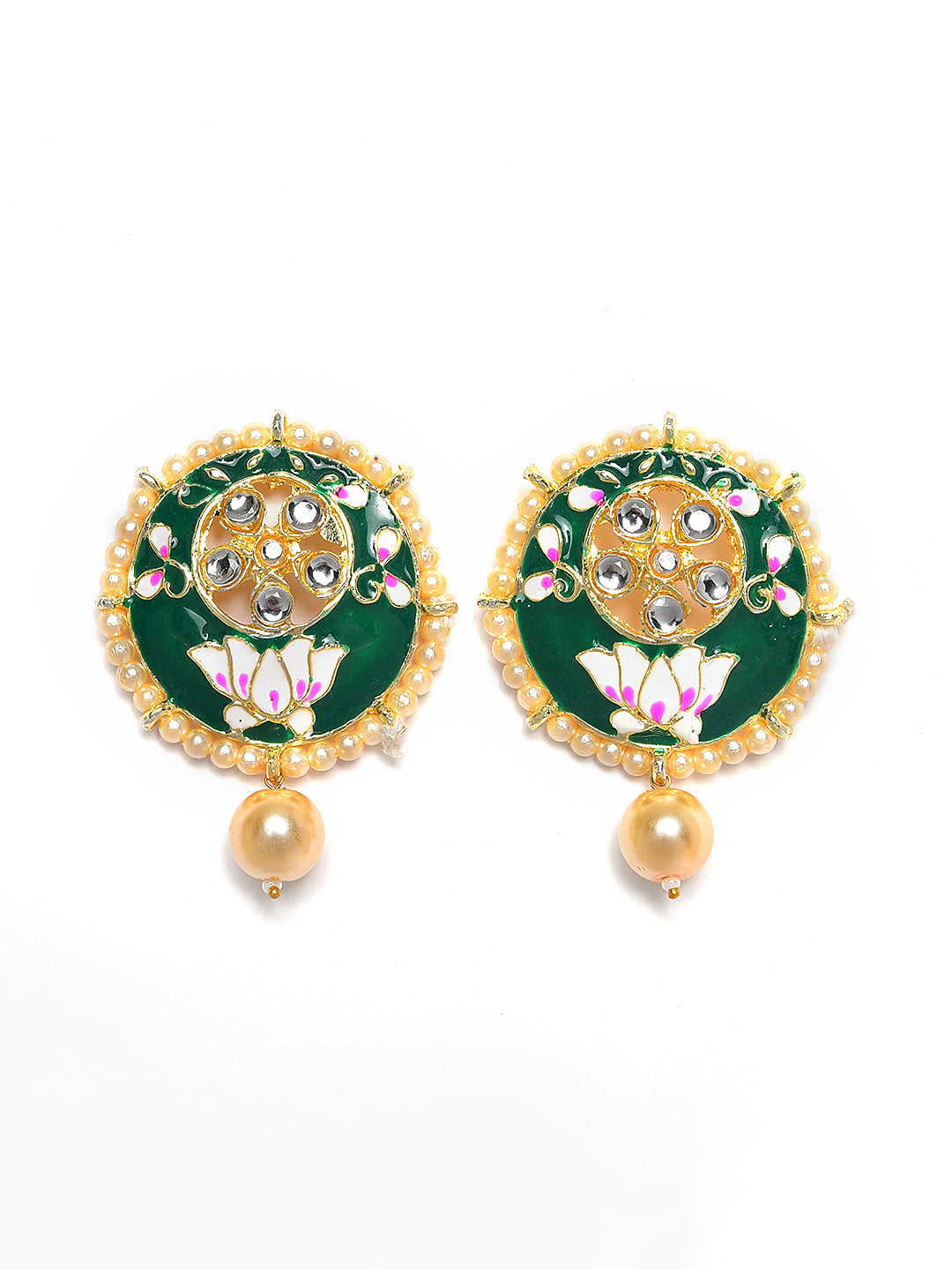 Gold-Plated White Kundan & Pearl Beaded Meenakari Jewellery Set - Jazzandsizzle