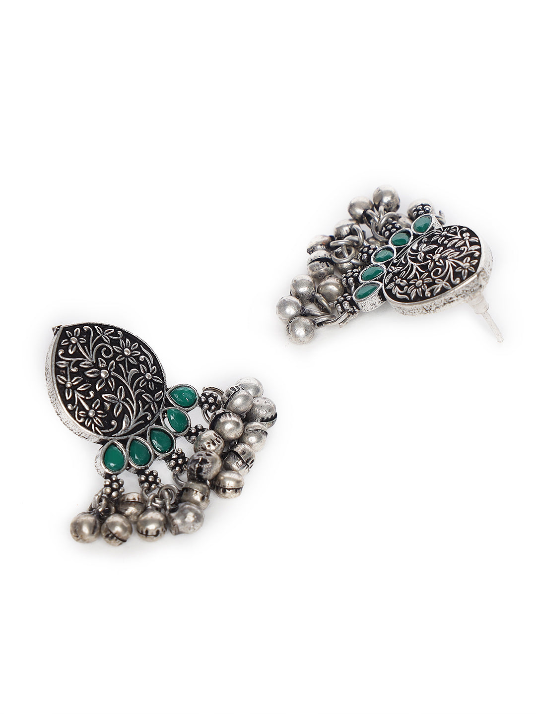 Oxidized Silver-Plated Green Stone-Studded & Beaded Handcrafted Peacock Shaped Jewelry Set - Jazzandsizzle