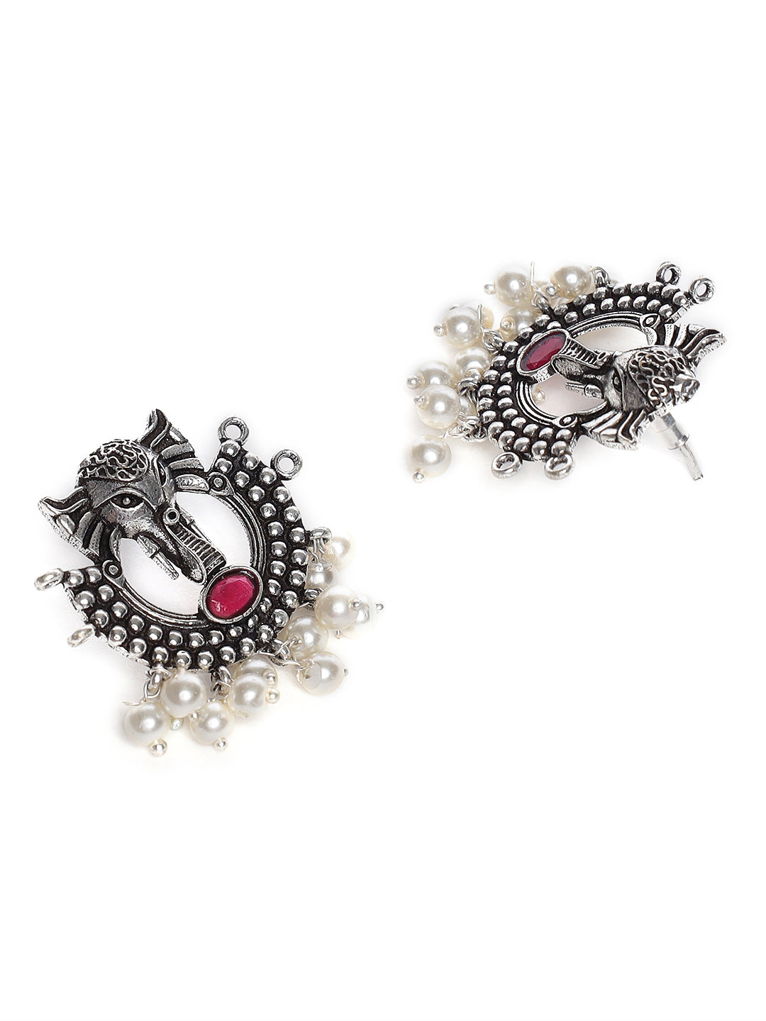 Oxidised Silver-Plated & Green Stone-Studded & Beaded Traditional Jewellery Set - Jazzandsizzle