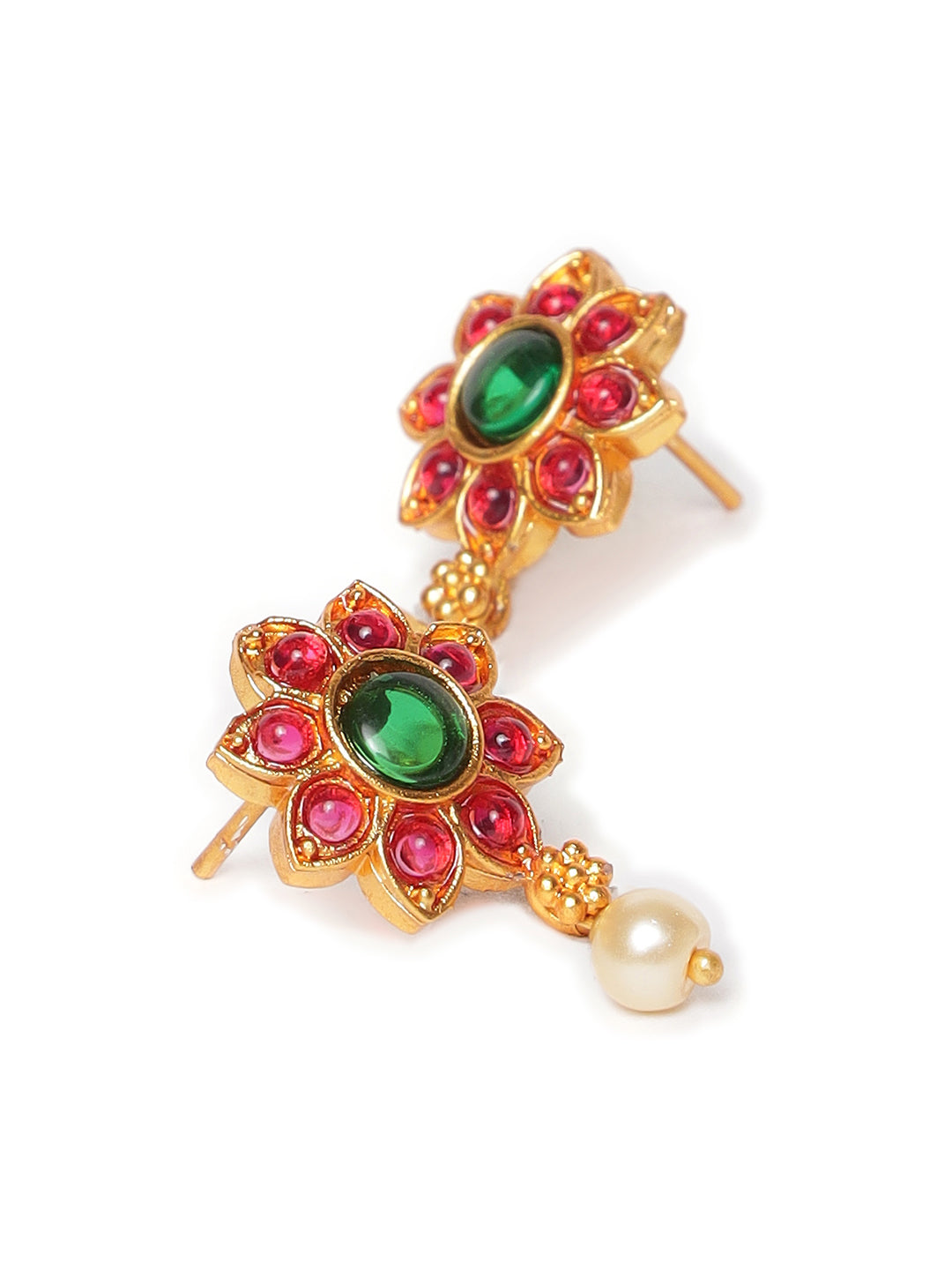 Pink & Green Gold-Plated Stone-Studded & Beaded Handcrafted Jewellery Set - Jazzandsizzle