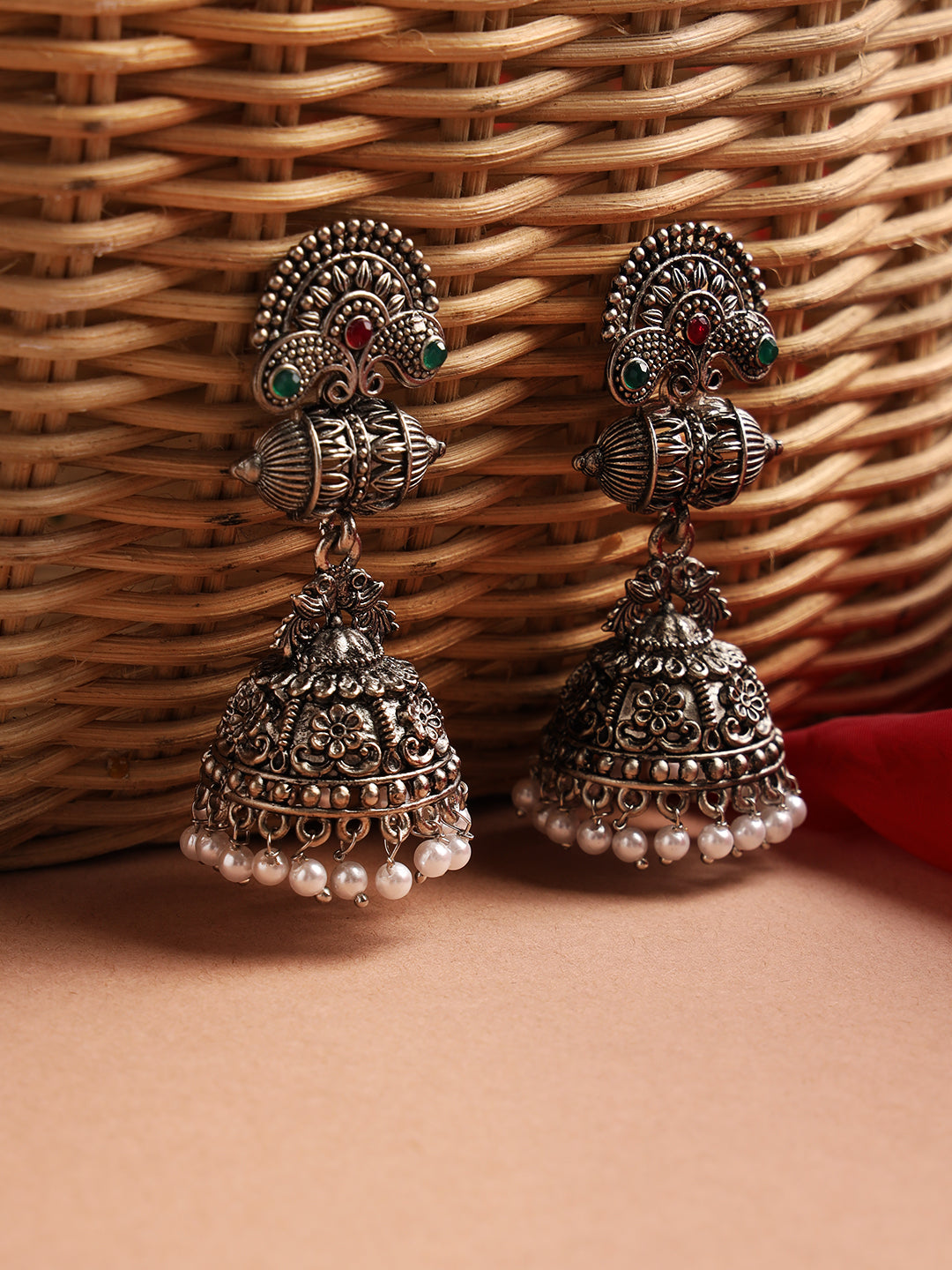 Oxidised Peacock shaped Silver-Plated Red & Green Stone Studded & Beaded Jhumkas - Jazzandsizzle