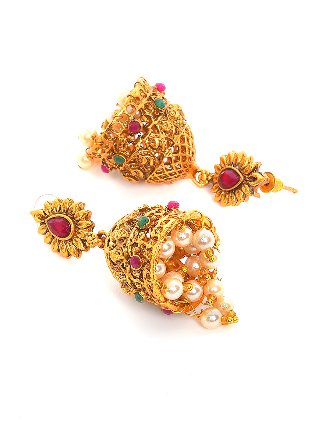 Gold-Toned Pink & Green Stone-Studded, Beaded Handcrafted Jewellery Set - Jazzandsizzle