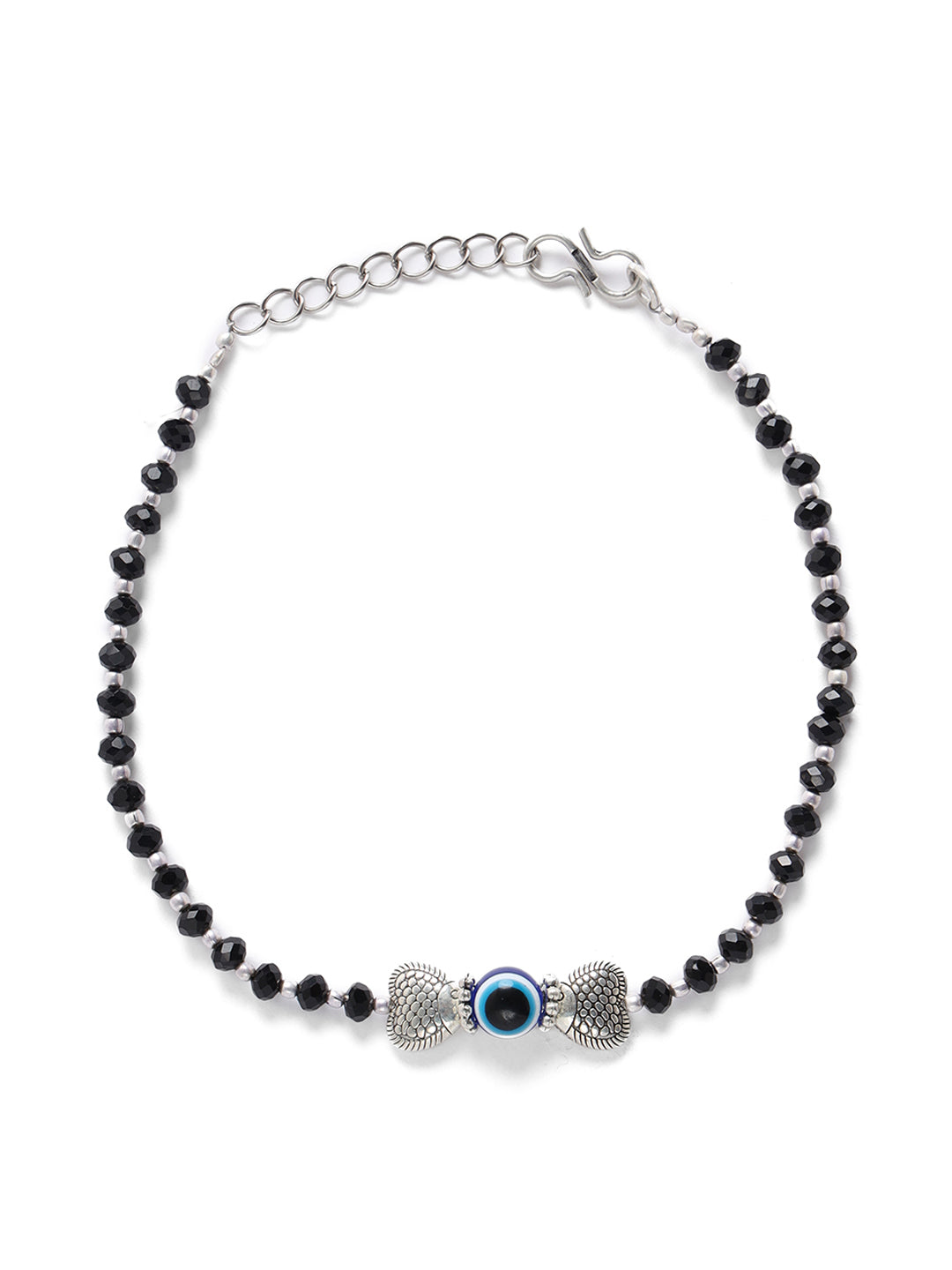 Set of 2 Black Stones Studded Silver Plated Heart Shaped & Evil Eye Anklets - Jazzandsizzle