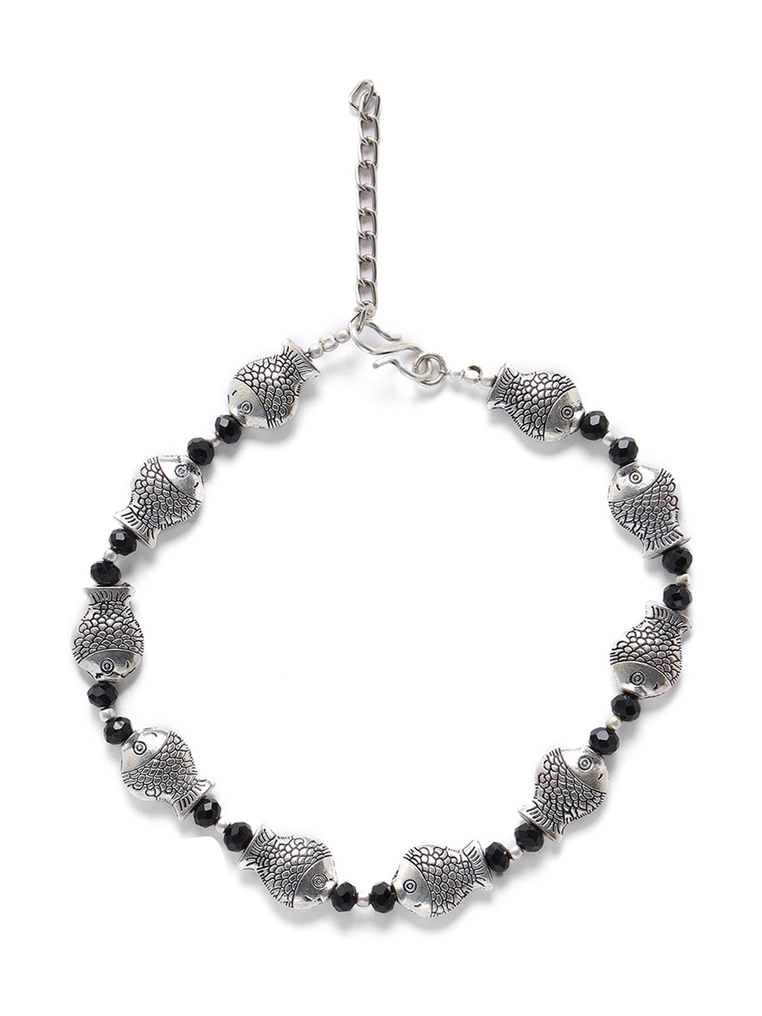 Silver-Plated & Black Beaded Handcrafted Fish Anklet - Jazzandsizzle