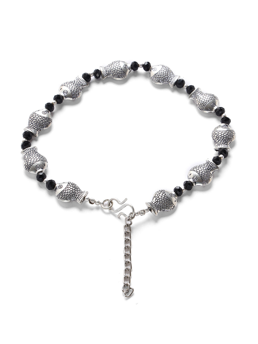 Silver-Plated & Black Beaded Handcrafted Fish Anklet - Jazzandsizzle