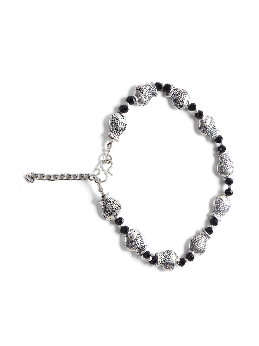 Silver-Plated & Black Beaded Handcrafted Fish Anklet - Jazzandsizzle