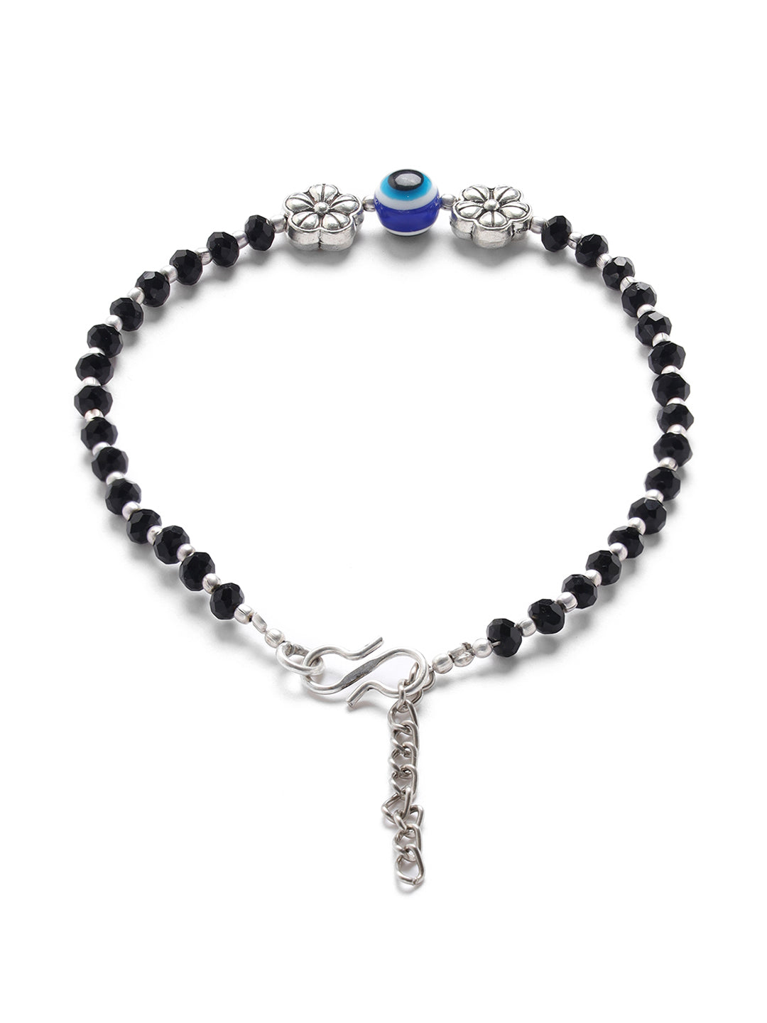 Set of 2 Silver-Plated & Black Beaded Handcrafted Flower Anklet - Jazzandsizzle