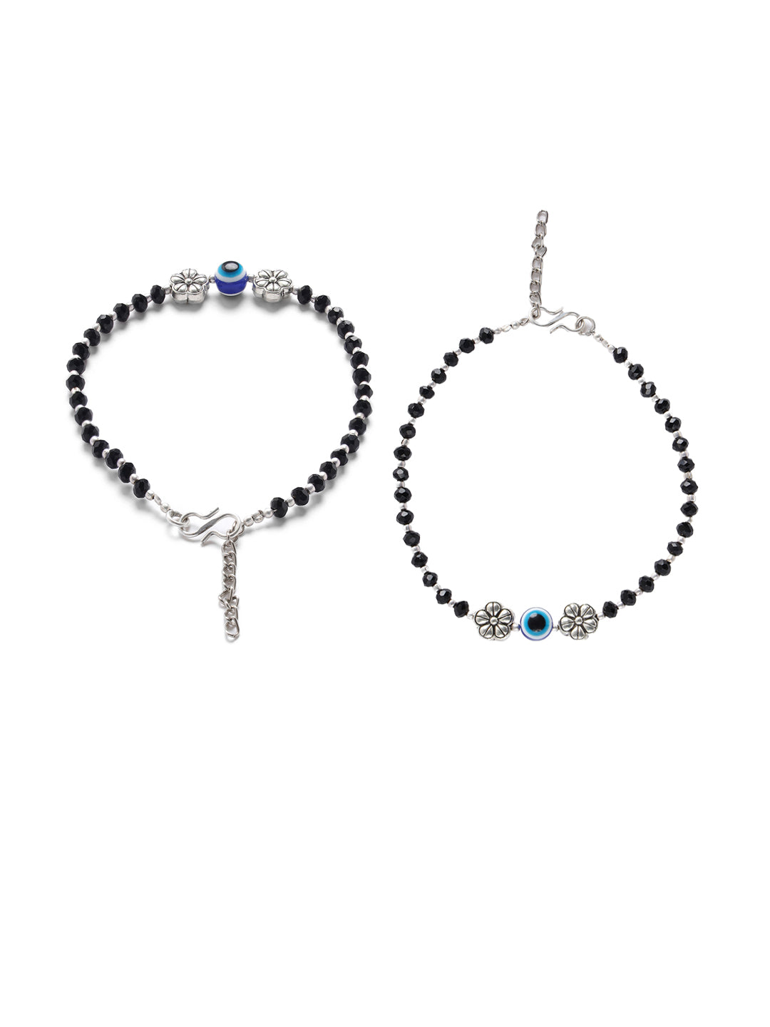 Set of 2 Silver-Plated & Black Beaded Handcrafted Flower Anklet - Jazzandsizzle