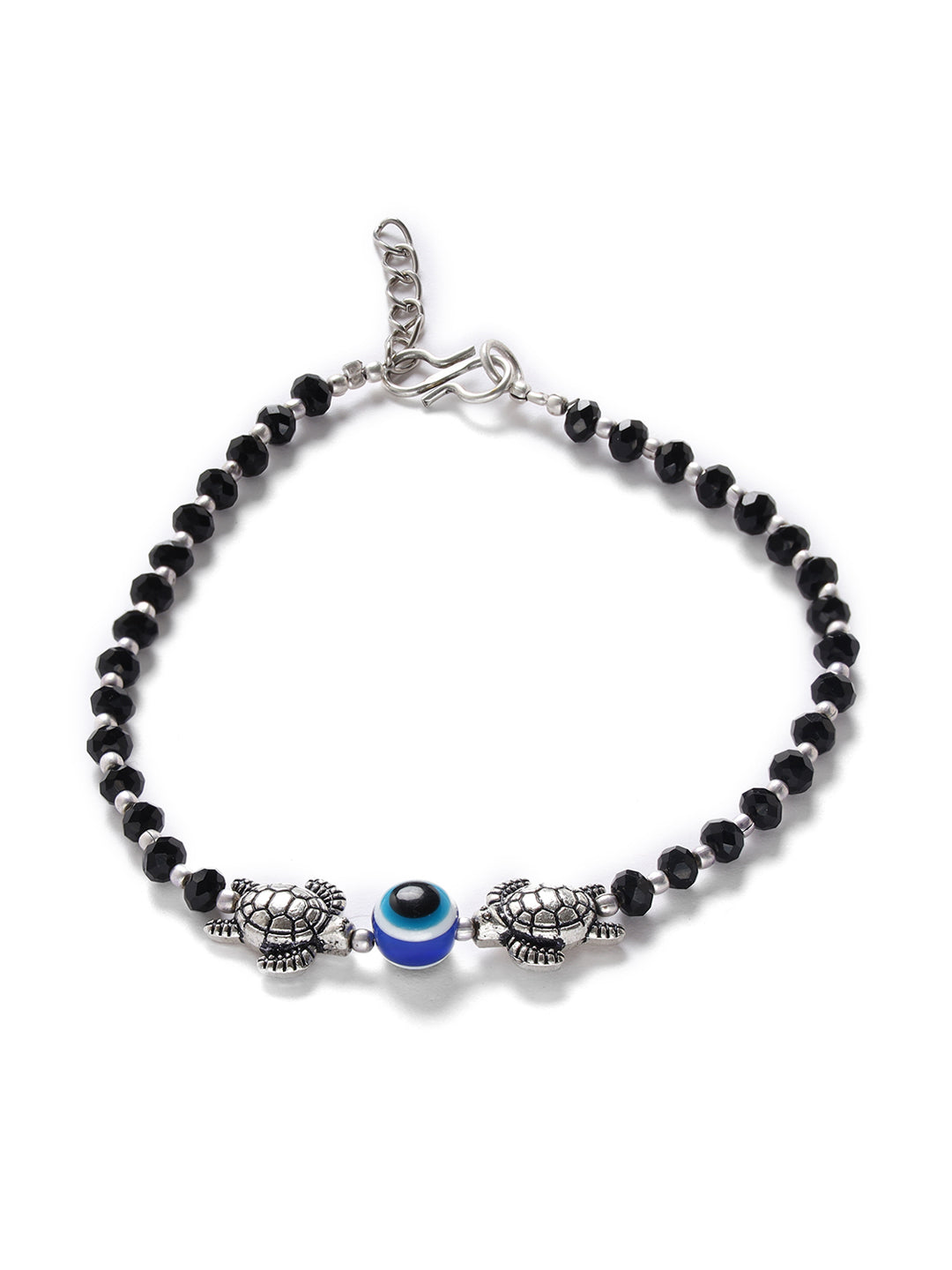 Set of 2 Silver-Plated & Black Beaded Handcrafted Tortoise & Evil Eye Anklet - Jazzandsizzle