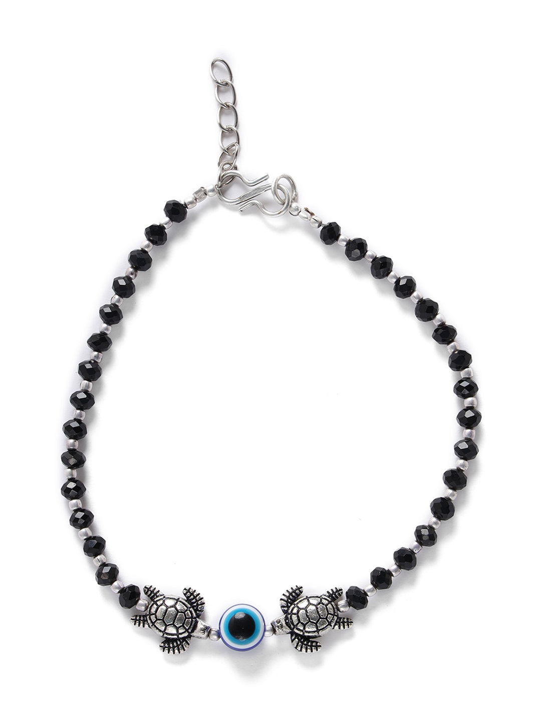 Set of 2 Silver-Plated & Black Beaded Handcrafted Tortoise & Evil Eye Anklet - Jazzandsizzle