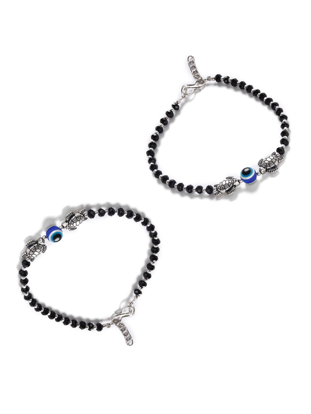 Set of 2 Silver-Plated & Black Beaded Handcrafted Tortoise & Evil Eye Anklet - Jazzandsizzle