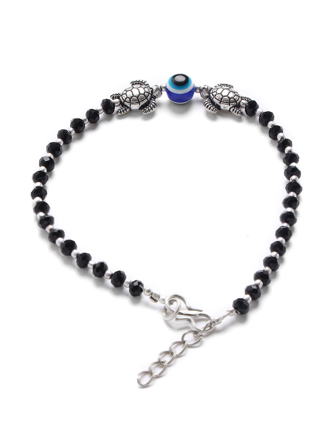 Set of 2 Silver-Plated & Black Beaded Handcrafted Tortoise & Evil Eye Anklet - Jazzandsizzle