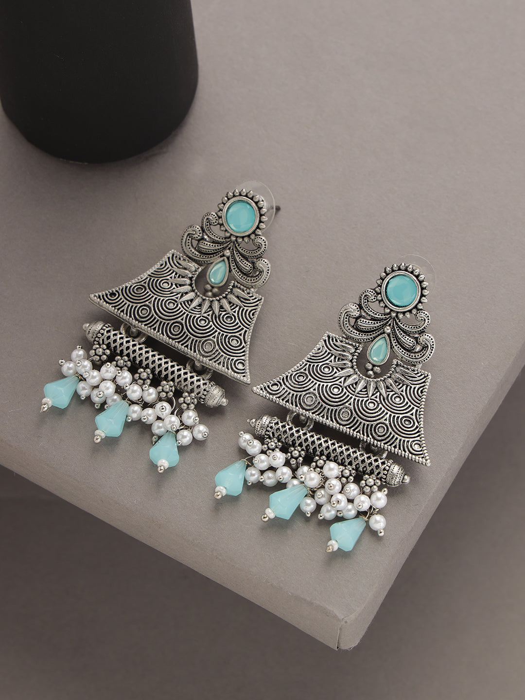 Silver-Toned & Turquoise Blue Dome Shaped Drop Earrings - Jazzandsizzle