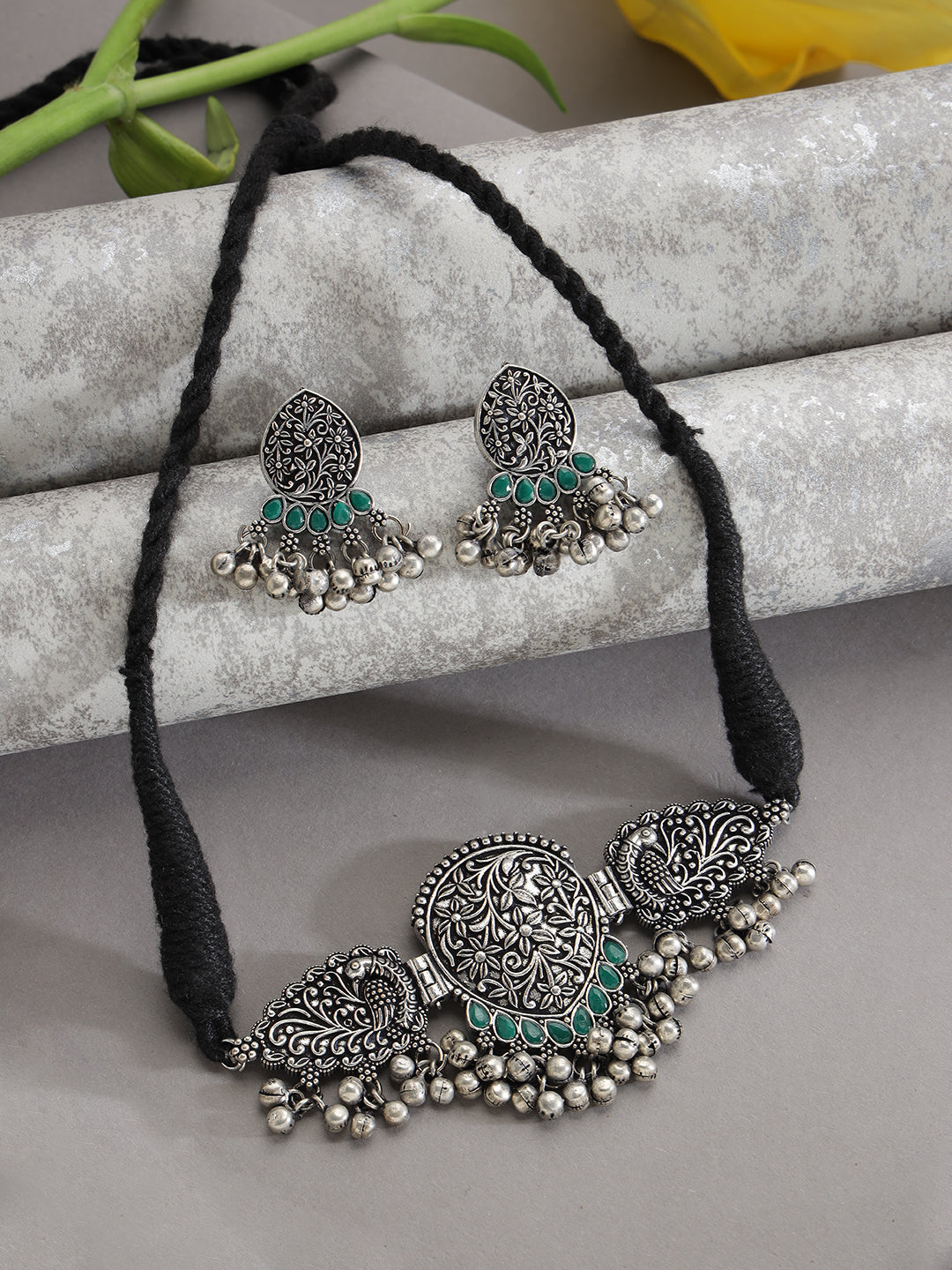 Oxidized Silver-Plated Green Stone-Studded & Beaded Handcrafted Peacock Shaped Jewelry Set - Jazzandsizzle