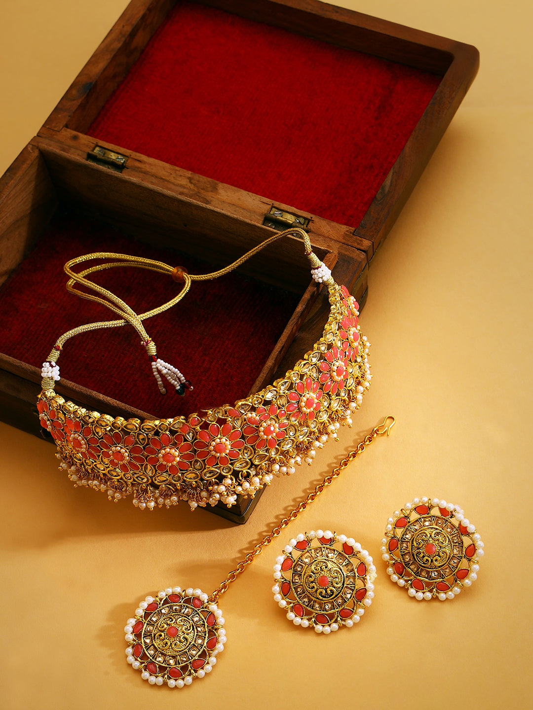 Pink Pearls Beads Kundan Stones Gold Plated Choker Set with MaangTikka - Jazzandsizzle