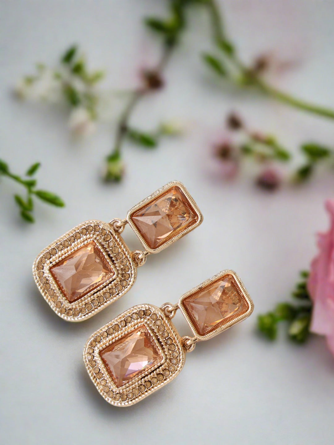 Peach stone & CZ Studded Square Shaped Drop Earrings - Jazzandsizzle