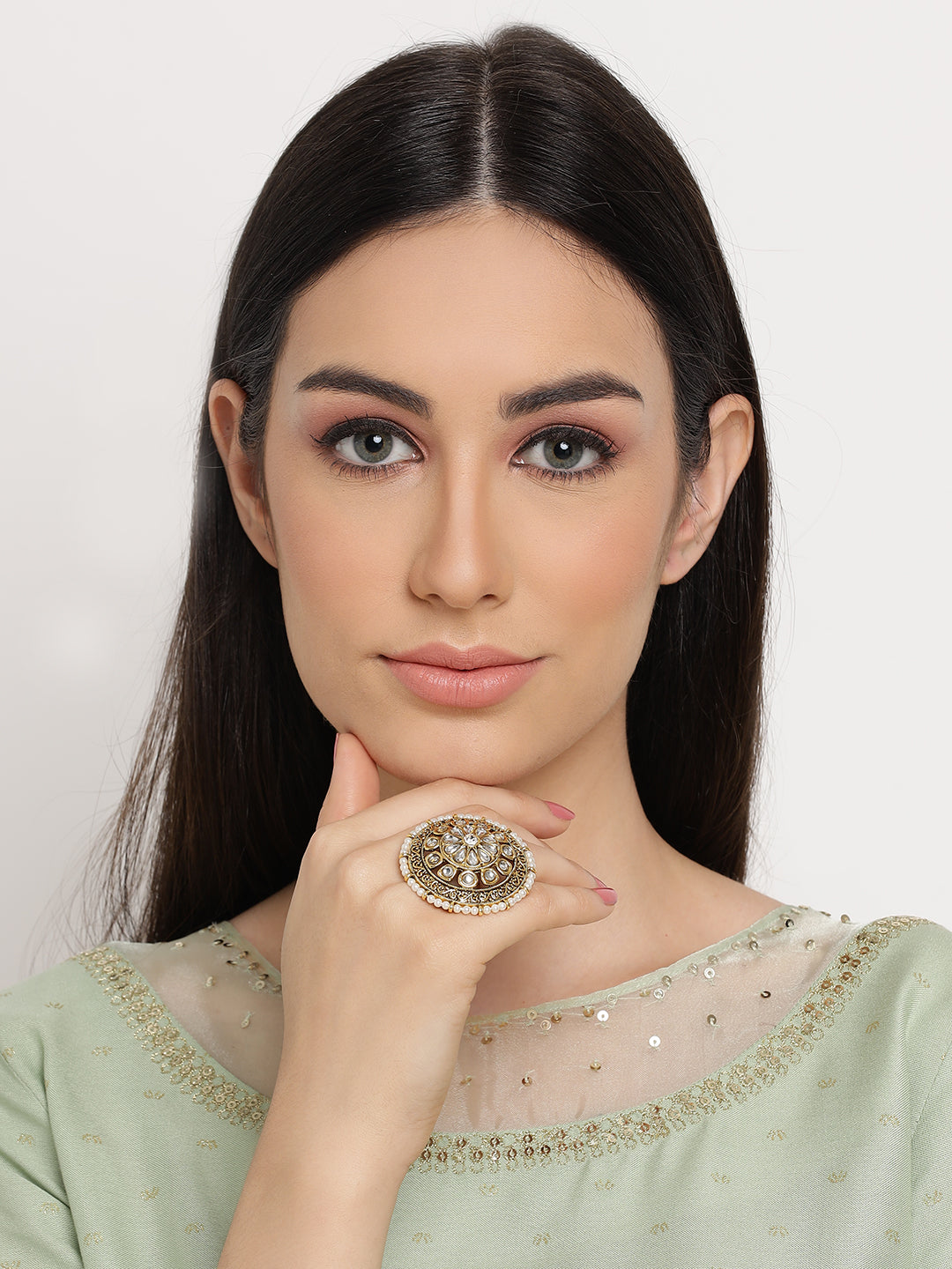 Gold-Plated & White Stone Studded Floral Shape Adjustable Finger Ring - Jazzandsizzle