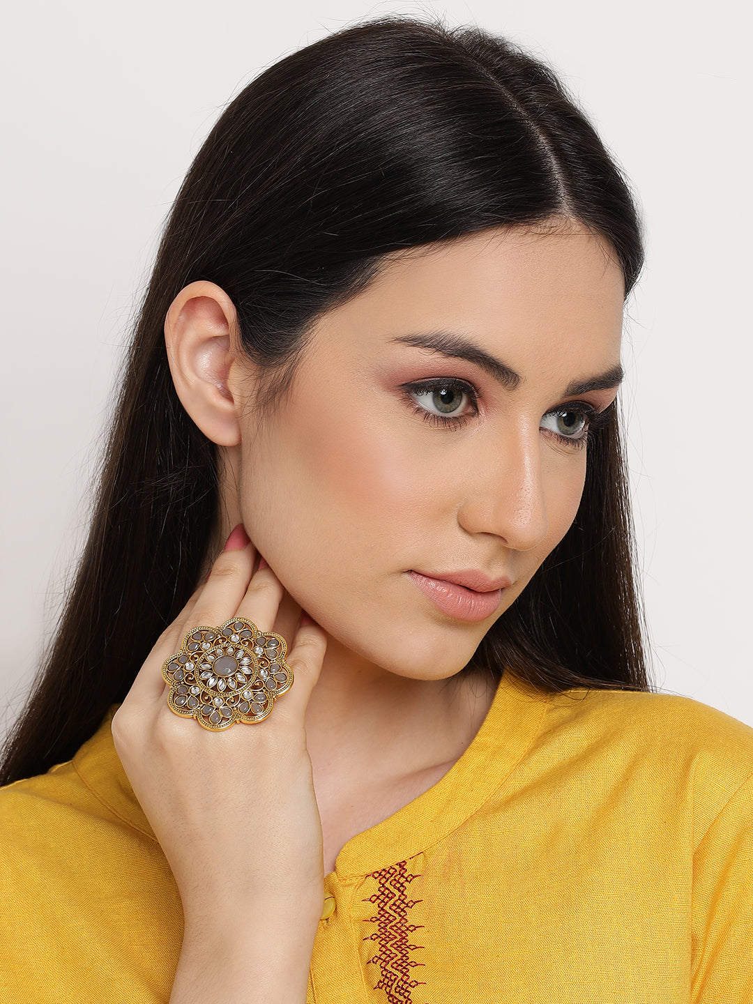 Gold-Plated Grey Kundan-Studded Finger Ring - Jazzandsizzle