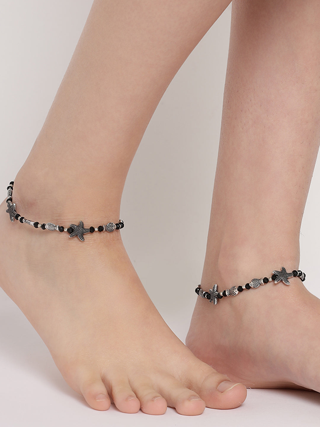 Silver-Plated & Black Beaded Handcrafted Starfish_Fish Anklet - Jazzandsizzle