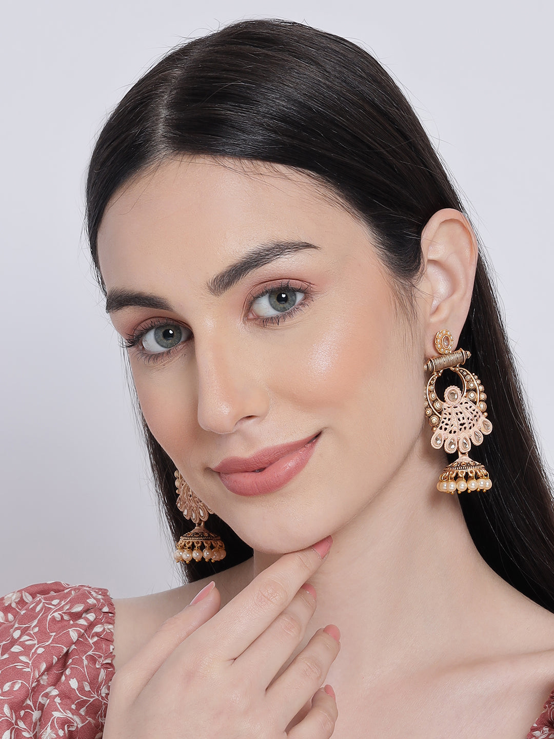 Peach & Gold-Toned Chandbalis Earrings - Jazzandsizzle